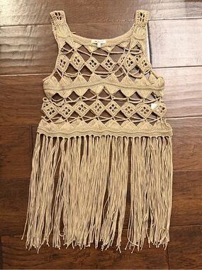 May & July Boho Fringe Crochet Tank - Beige